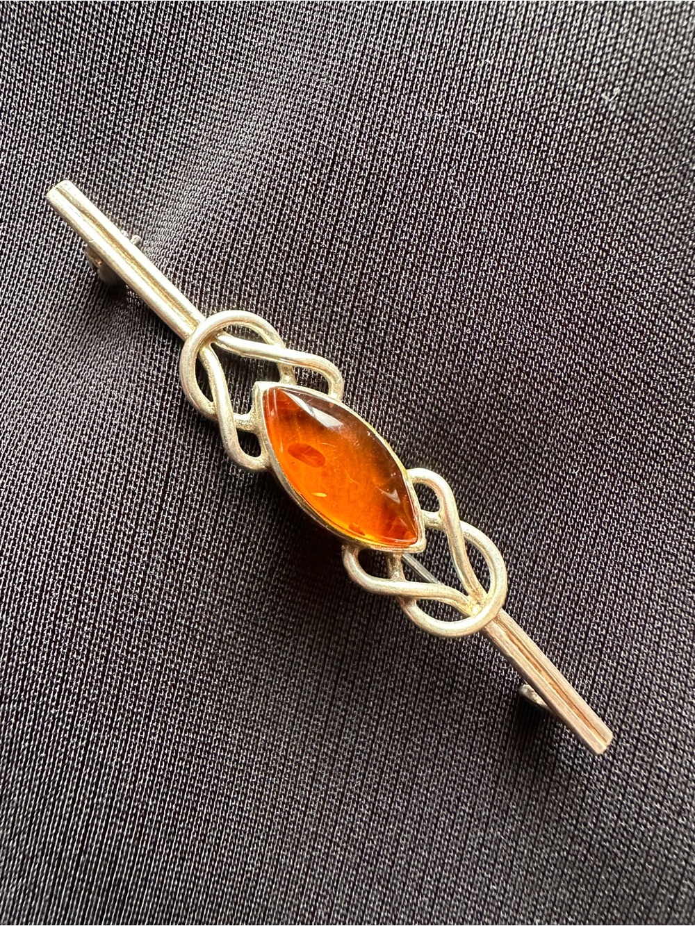 🎁 Vintage Sterling Silver 925 Baltic Amber Bar Brooch Celtic Knot Design 2" Pin